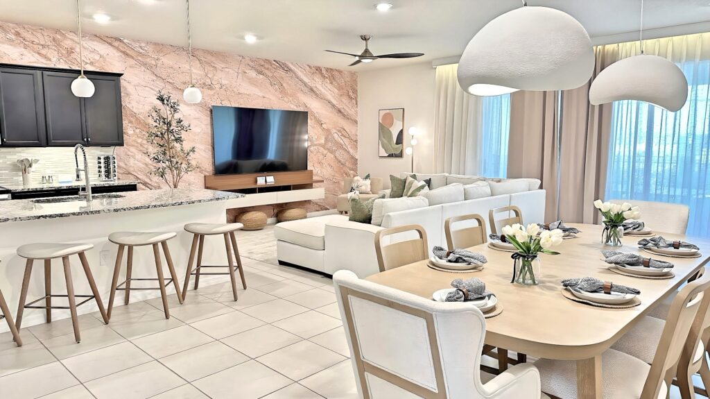 Modern Organic living room in Orlando airbnb short term rental vacation home designed by Magic Interiors Orlando 